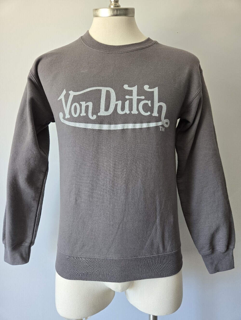 Von Dutch Gray Crewneck Sweater with White Logo. Size Small